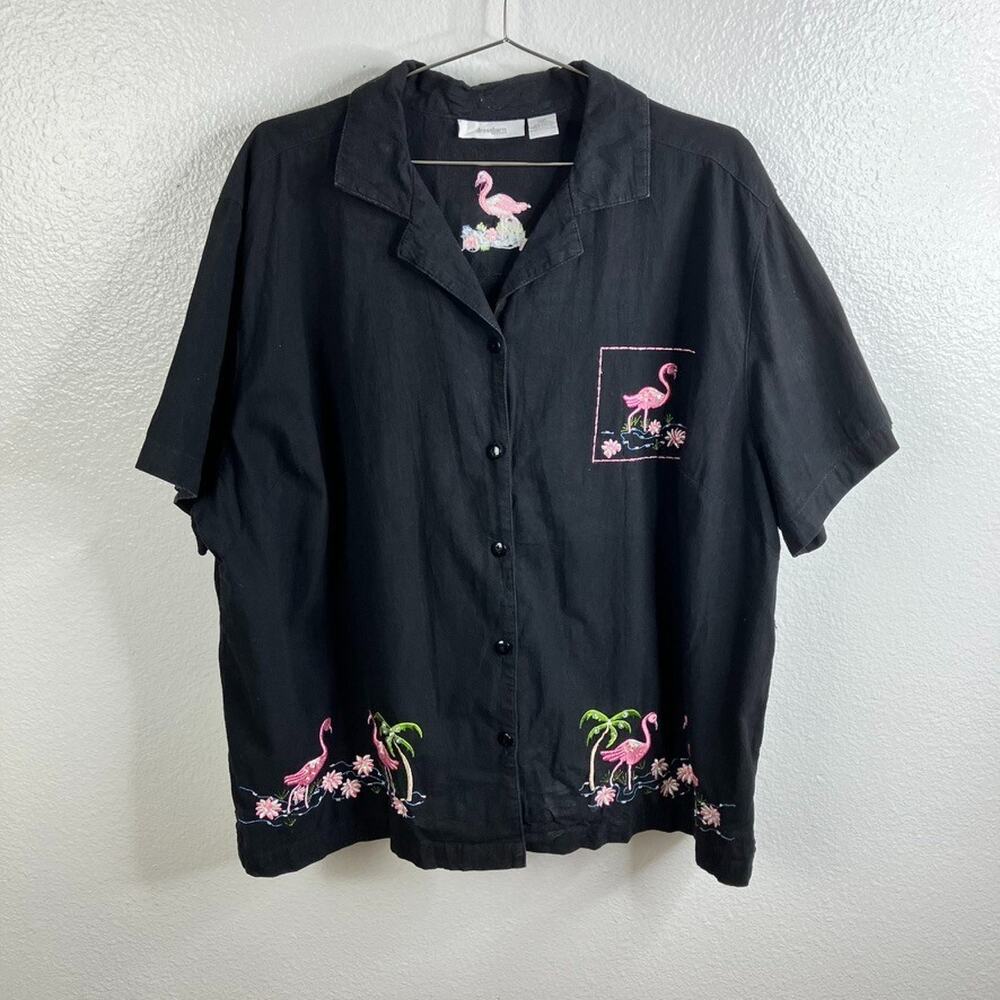Dressbarn Embroidered Sequin Flamingo Shirt Sz 3X Black Tropical Vacation Beach